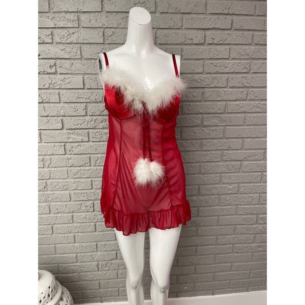 Inner Secrets Women's Sexy Santa Sheer Red Teddy Babydoll Lingerie Dress Size L